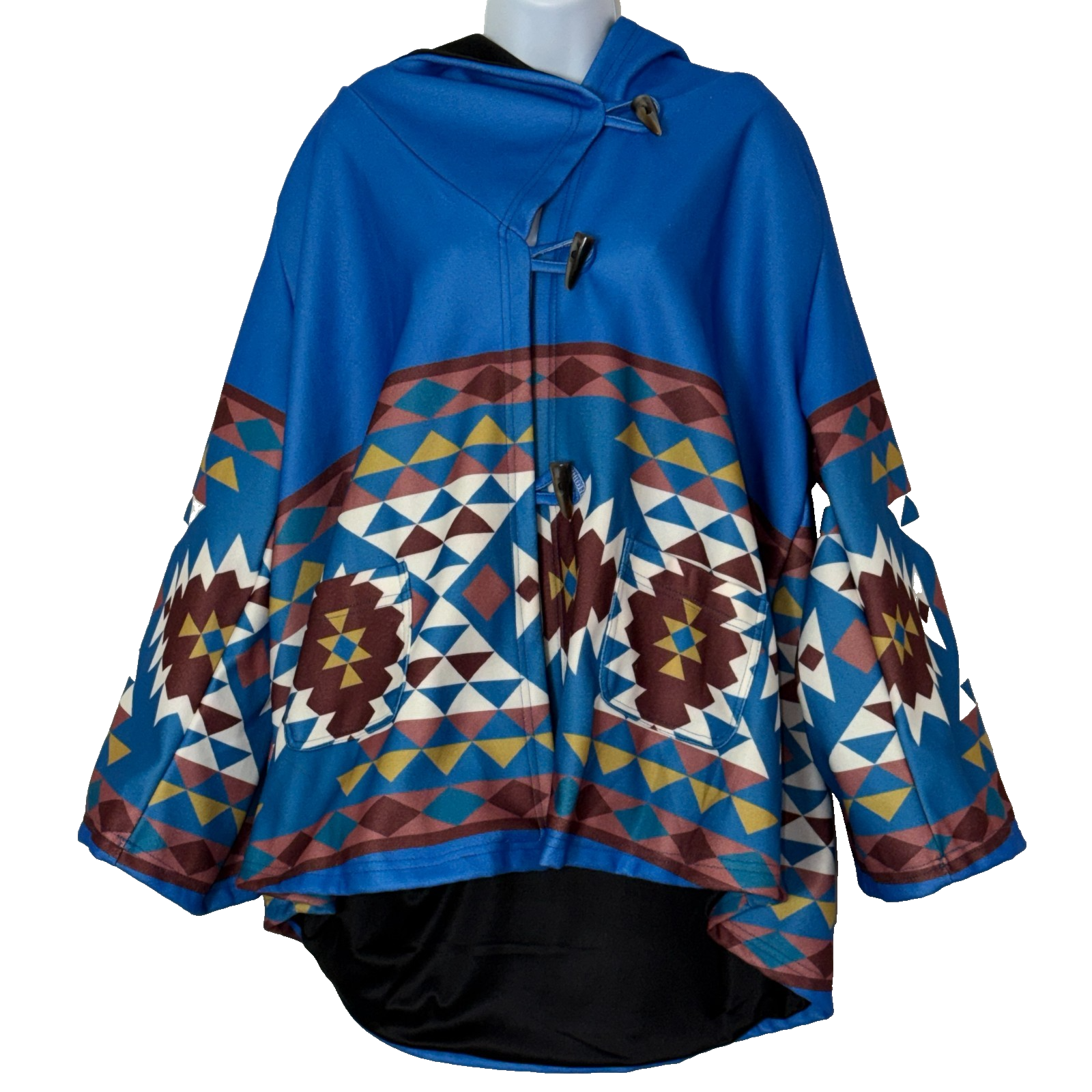 Blanket Coat Womens Size 4x Blue Southwestern Aztec Toggle Buttons & Hood Euc